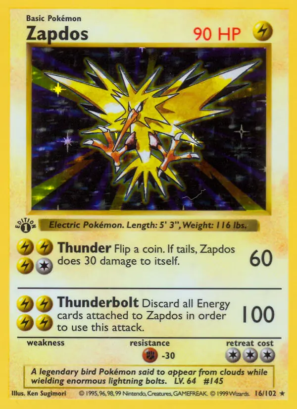 Zapdos Rare rarity Base Set Pokémon card price — $53.63
