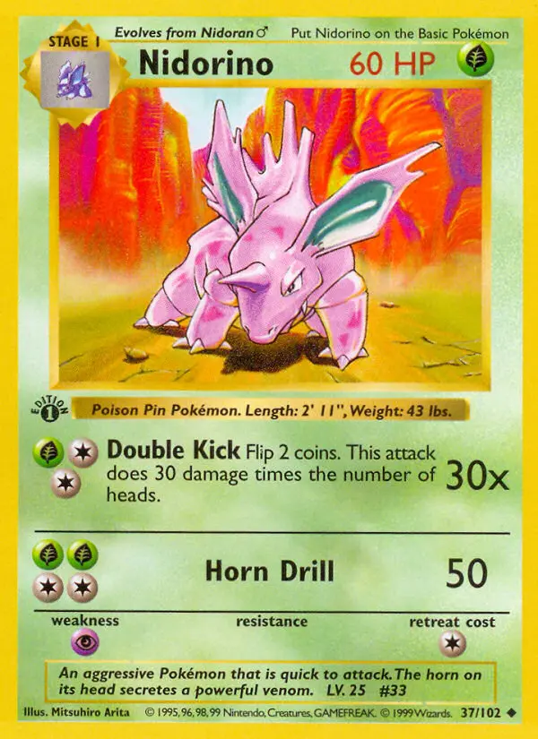 Nidorino Uncommon rarity Base Set Pokémon card price — $4.54