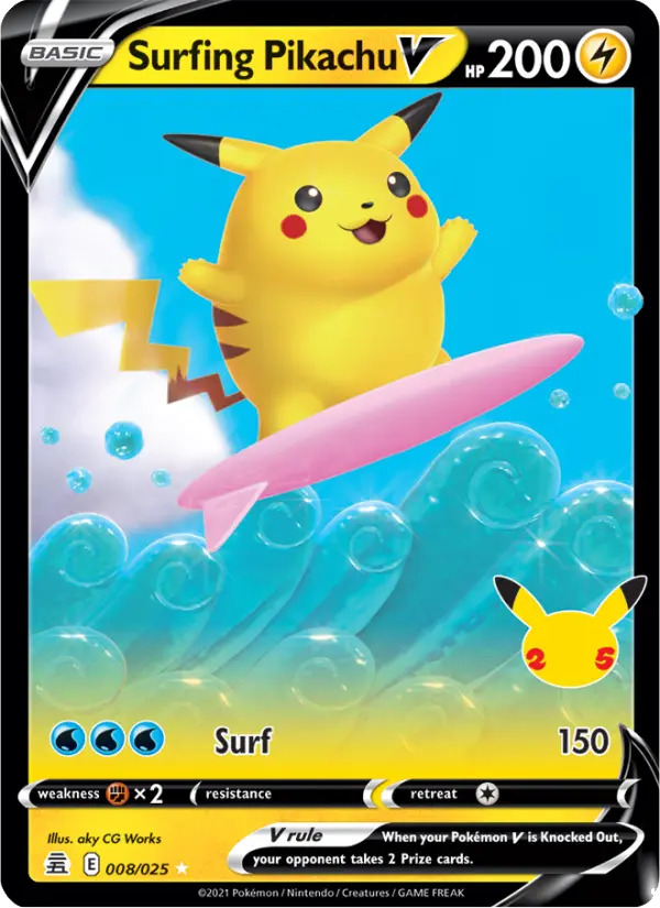 Surfing Pikachu V Holo Rare rarity Celebrations Pokémon card price — $4.91