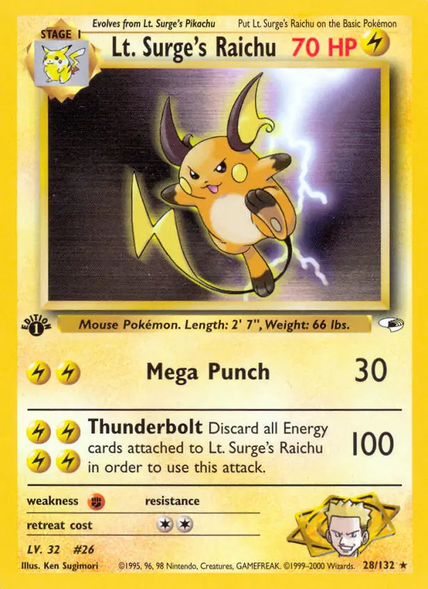 Lt. Surge's Raichu Holo Rare rarity Gym Heroes Pokémon card price — $46.61
