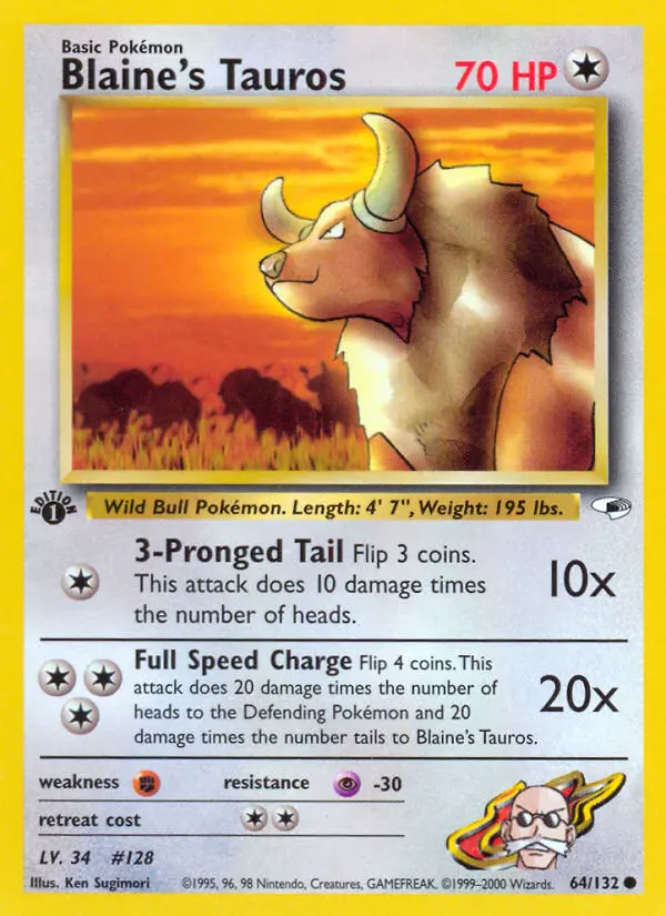 Blaine's Tauros Common rarity Gym Heroes Pokémon card price — $3.44