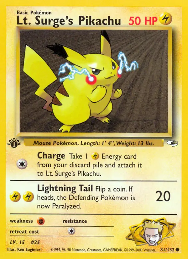 Lt. Surge's Pikachu Common rarity Gym Heroes Pokémon card price — $24.45