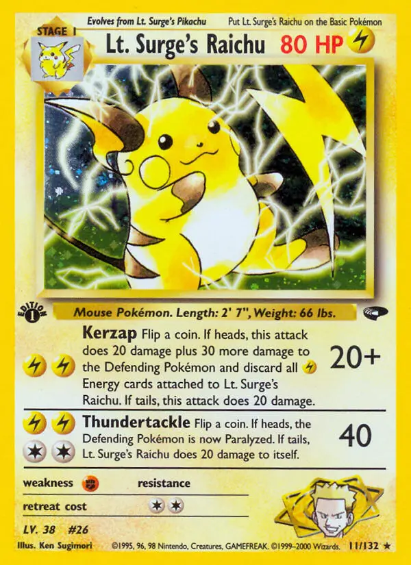 Lt. Surge's Raichu Holo Rare rarity Gym Challenge Pokémon card price — $129.79