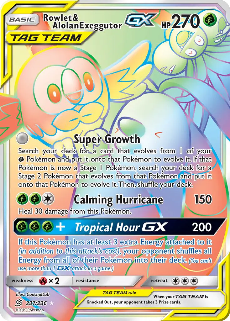 Rowlet & Alolan Exeggutor GX Secret Rare rarity Unified Minds Pokémon card price — $43.84