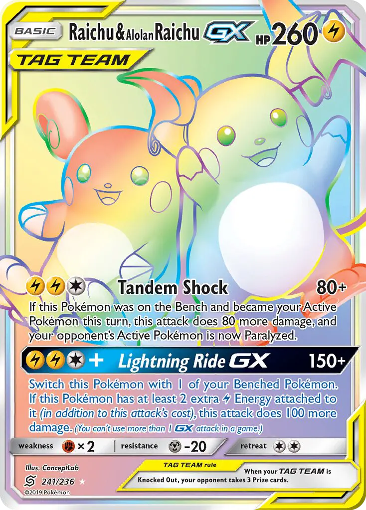 Raichu & Alolan Raichu GX Secret Rare rarity Unified Minds Pokémon card price — $136.84