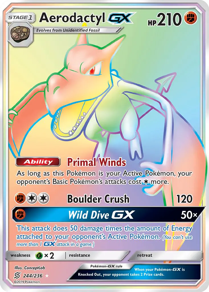 Aerodactyl GX Secret Rare rarity Unified Minds Pokémon card price — $19.16