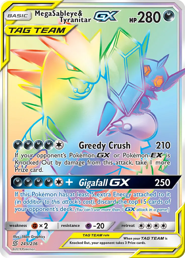 Mega Sableye & Tyranitar GX Secret Rare rarity Unified Minds Pokémon card price — $87.28