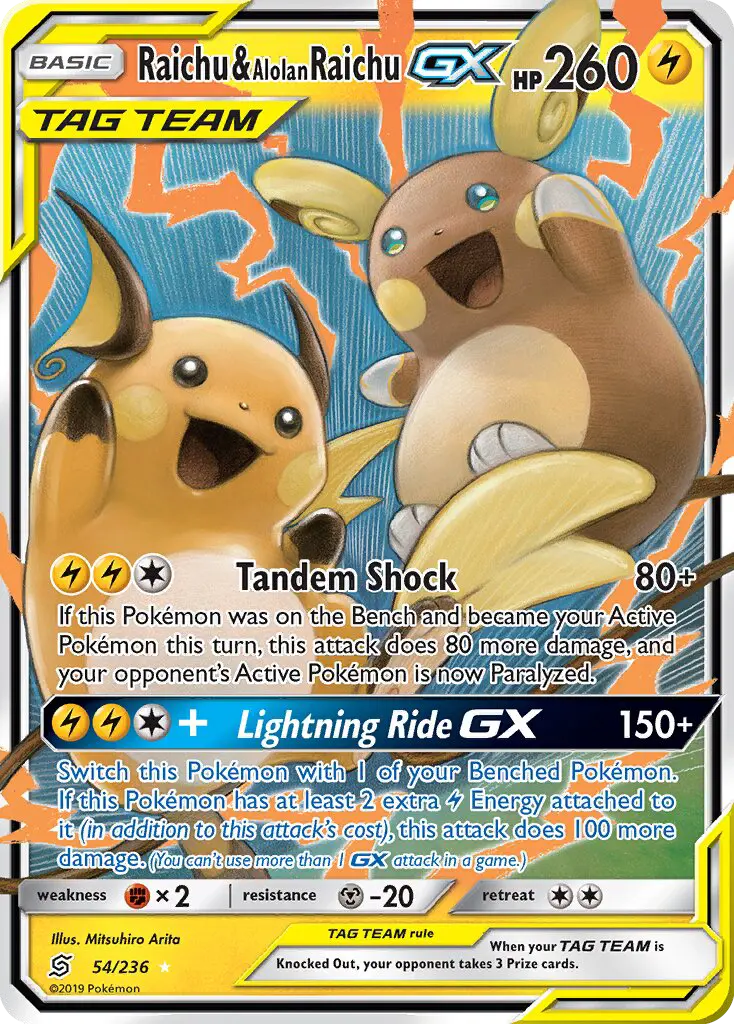 Raichu & Alolan Raichu GX Ultra Rare rarity Unified Minds Pokémon card price — $34.81